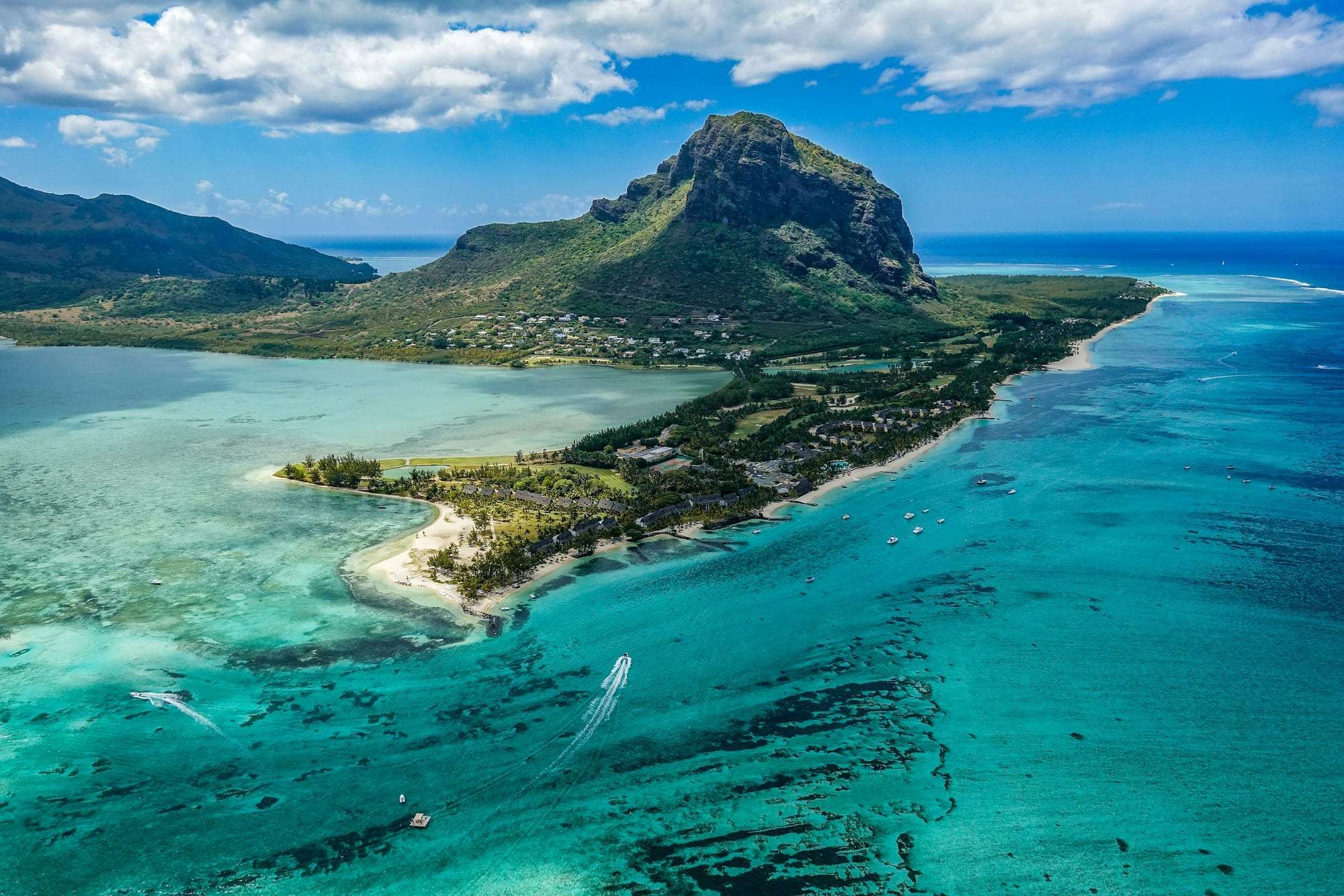 Aerial view of Le Morne Brabant and the lagoon in south-west Mauritius