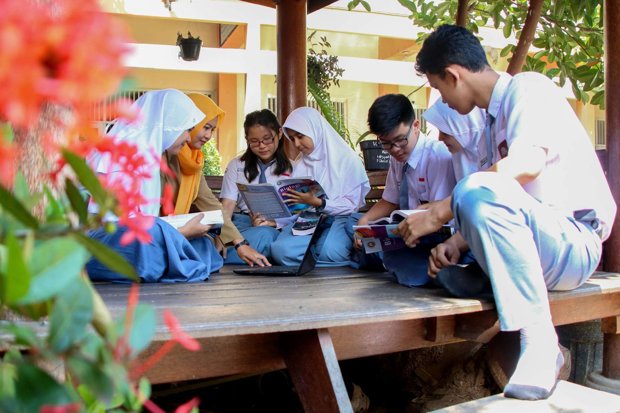 Students studying together outdoors on a shaded wooden platform